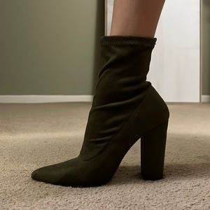 Olive green booties with pointed toe